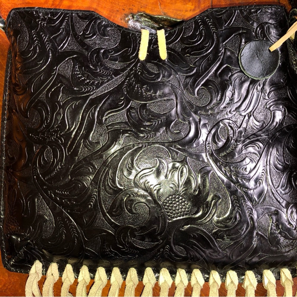 Black Floral Embossed Fringe Crossbody Bag with Brown Rose Appliqués - Picture 5 of 7